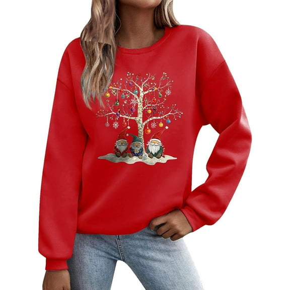 qelini Crewneck Sweatshirt Womens Graphic Xmas Tree Print Pullover Christmas Long Sleeve Tops Trendy Holiday Clothes