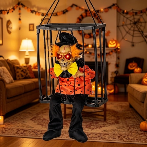 Sahpxhe Halloween Decorations Hanging Ghost Decor, Animated Shaking Caged Skeleton Prisoner with Glowing Red Eyes for Indoor Living Room Party Decor Watermelon Red