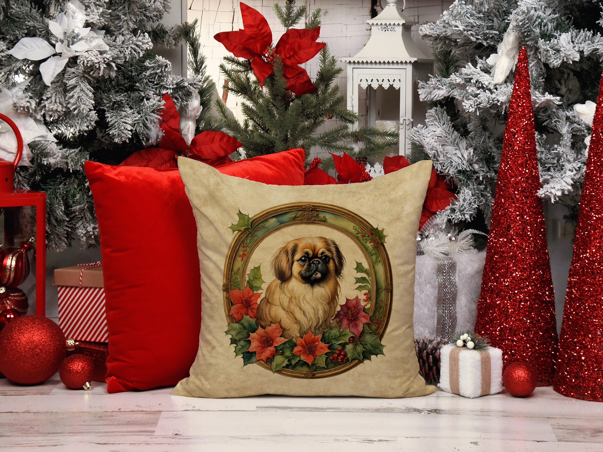 Pekingese Christmas Flowers Throw Pillow 14 in x 14 in