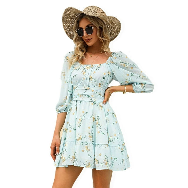 Femmes Lanterne Manches Cravate Arrière Robe d'Été Ébouriffé de l'Épaule une Ligne Vintage Mini Robe