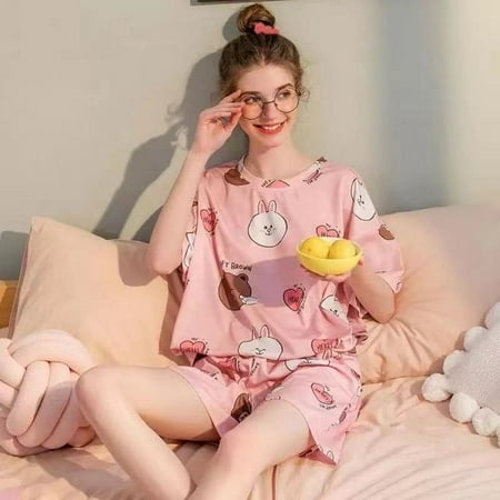 

CoCopeaunt New Style Pajamas Womens Summer Short Sleeve Shorts Two Piece Suit Thin Student Spring Summer Net Red Home Clothes