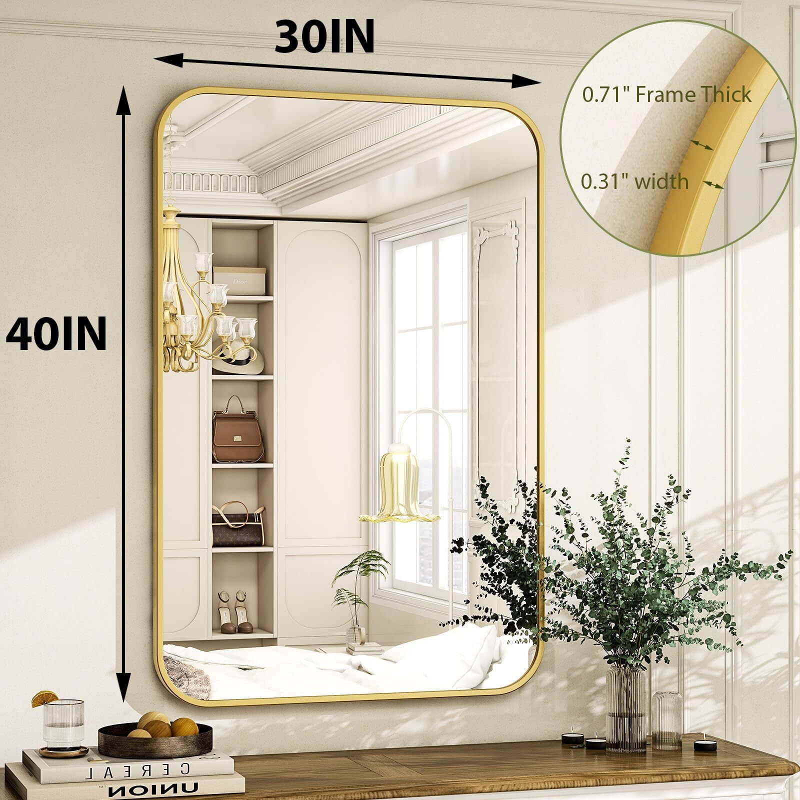 Anyrose Bathroom Mirror for Wall, 30 x 40 Inch Metal Framed Rectangle Mirror, Wall Mounted Vanity Mirror for Bathroom,Gold