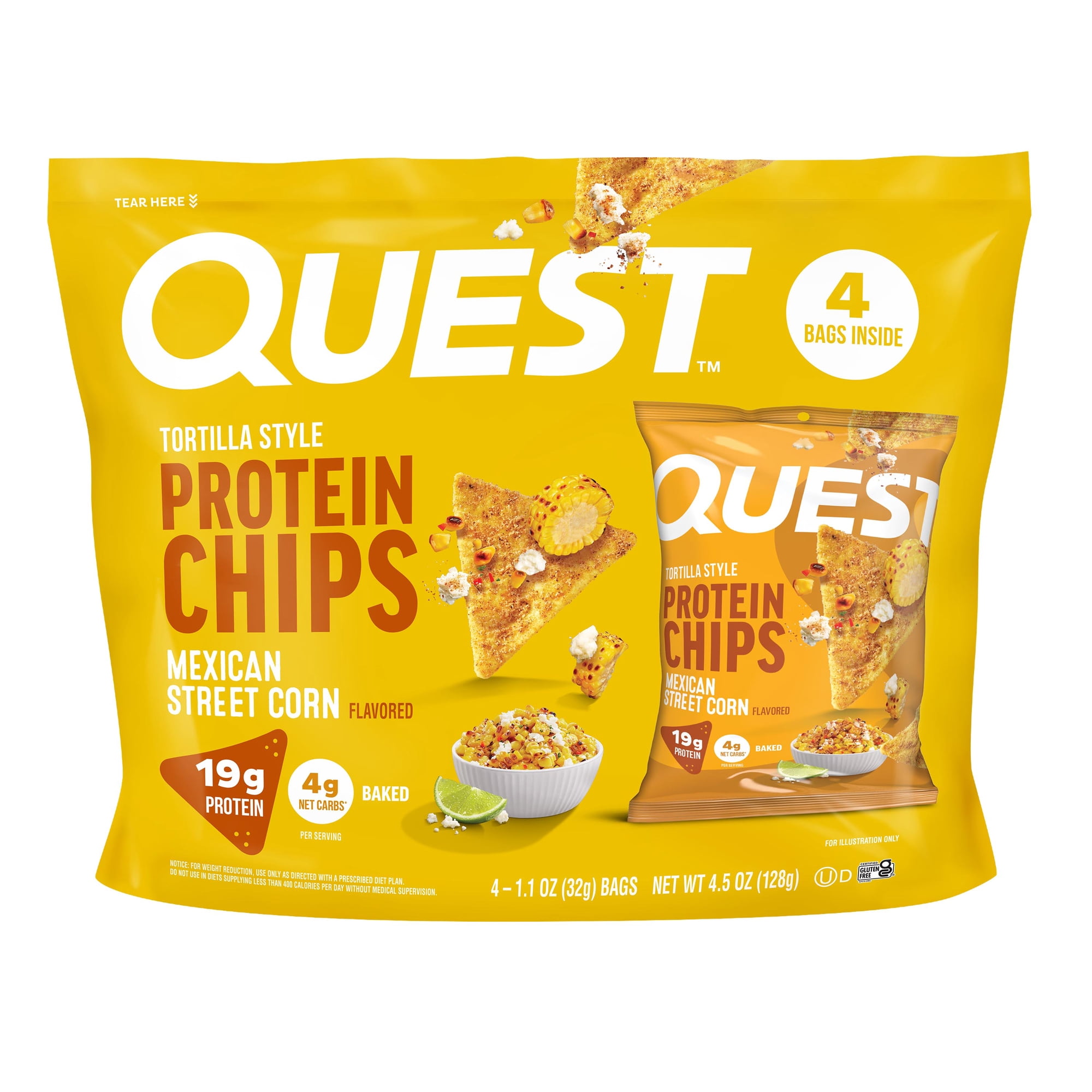Quest Mexican Street Corn Flavored Tortilla Style Protein Chips, High Protein*, Low Carb*, Gluten Free, 4 Count