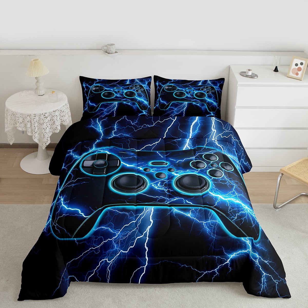 Feelyou 3D Gamepad Bedding Comforter Set for Teens, Blue Lightning Twin Comforter Sets, Modern Video Game Reversible Bedding Set, Ultra Soft Home Decor, 2 Pieces