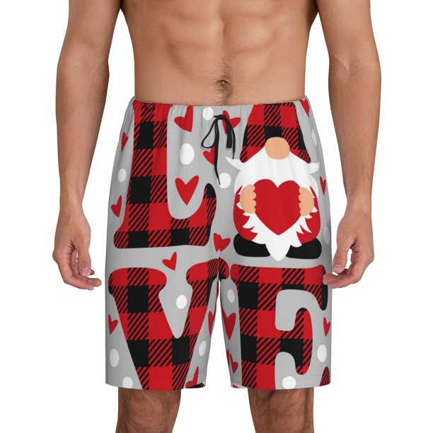 Balery Buffalo Plaid Love And Gnome Pantalones cortos de pijama de punto de algodón para hombre con cinturilla y bolsillos-Small