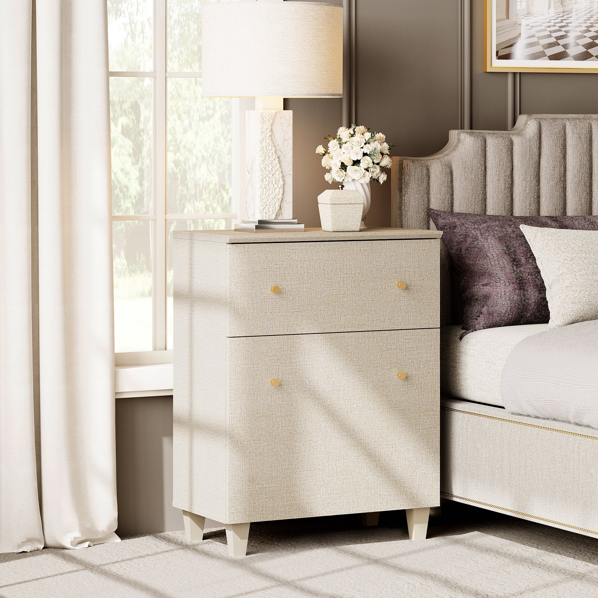 Living Room End Table, Large Sofa Side Tables with 1 Drawer and 1 Door, Beige Fabric Texture Finish Nightstand for Bedroom