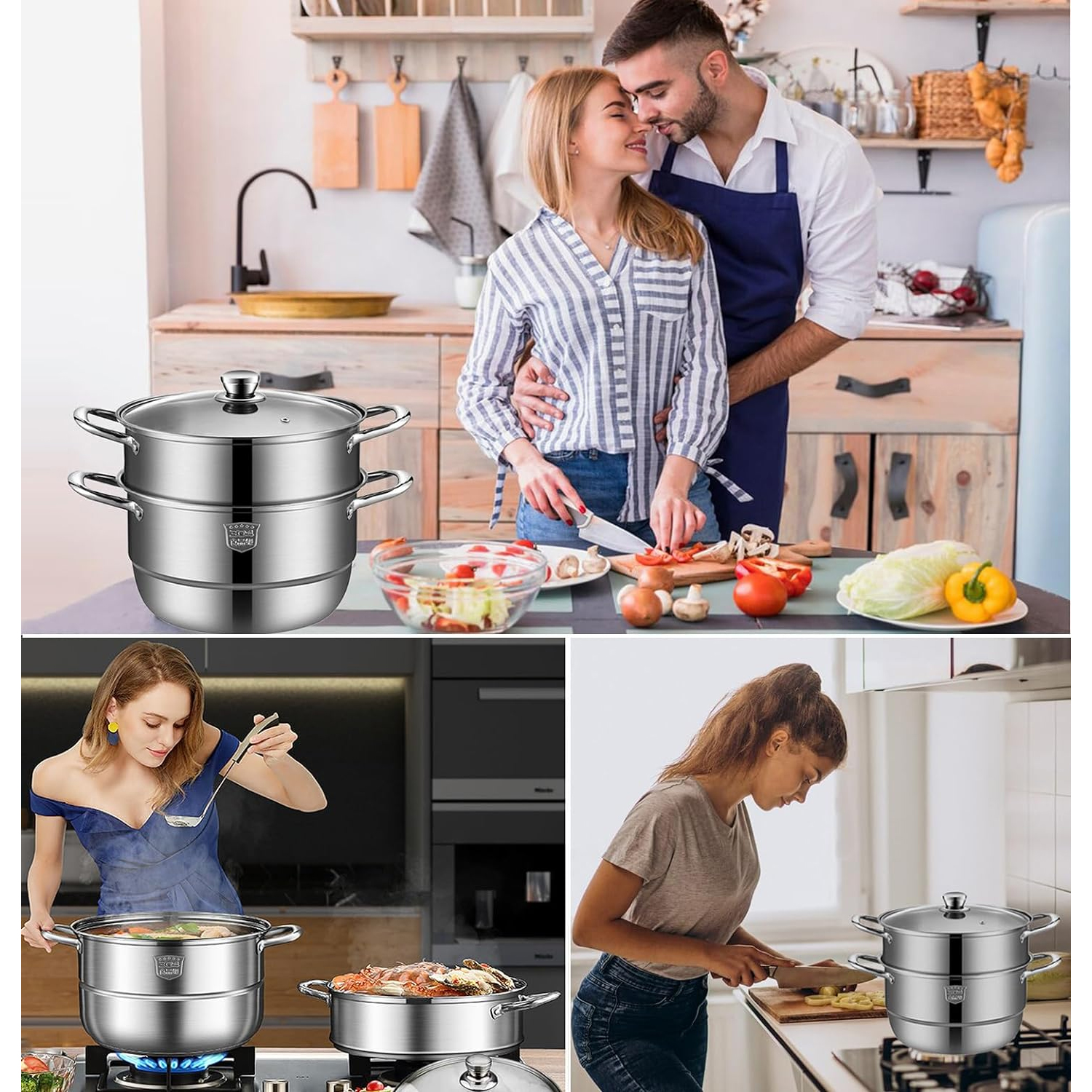Leyeet Steamer for Cooking, Food Grade Stainless Steel Steamer Pot, 11 inch Steam Pots with Glass Lid 2-tier for Cooking Vegetables, Seafood, Soups, Stews and Pasta Cooking Tool