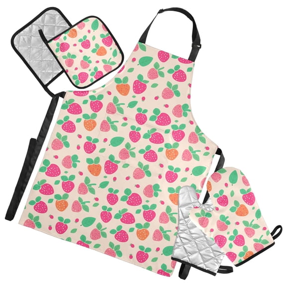 Cute Strawberry 5 Pcs Kitchen Set Heat Resistant Oven Mitts and Non-Slip Pot Holders with Adjustable Cooking Apron