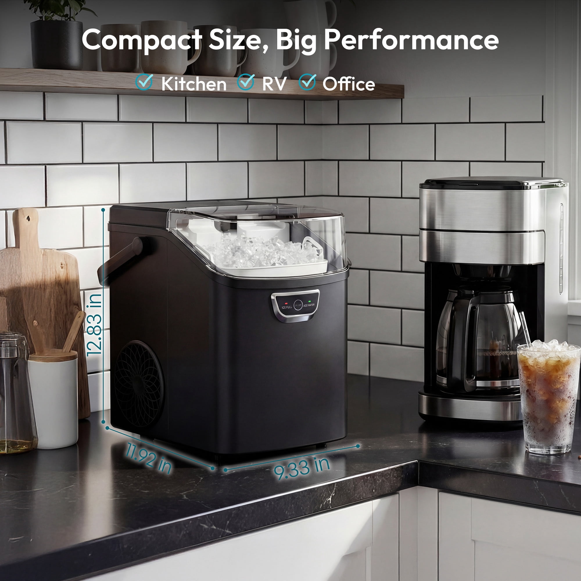 EUHOMY Countertop Nugget Ice Maker, 33Lbs/24H, Ready in 5 Mins, Self-Cleaning Portable Ice Machine, Black