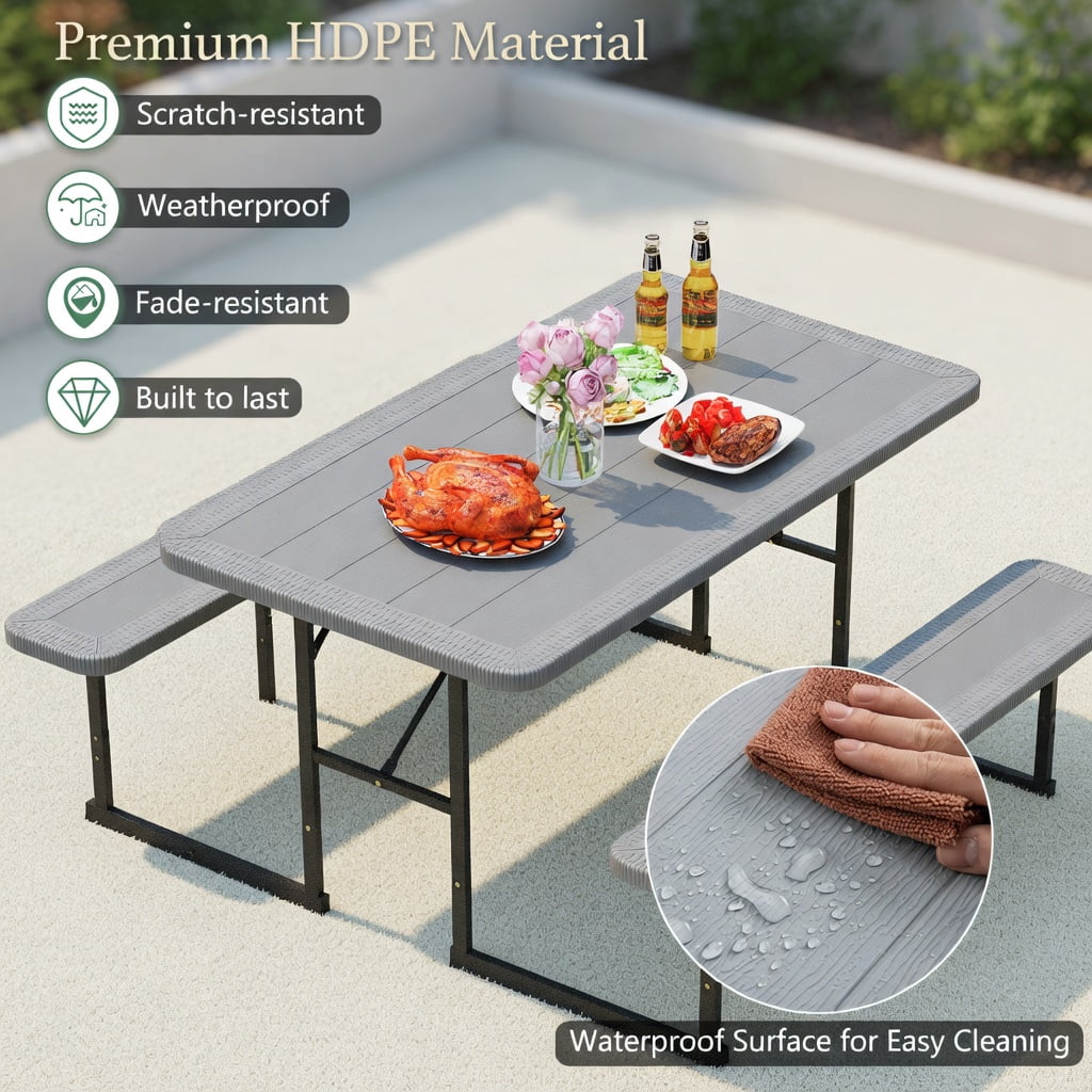 Hommoo Outdoor Picnic Table and Bench Set for 2-4 People, Rectangular HDPE Dining Table with Metal Frame, Weather-Resistant, Gray