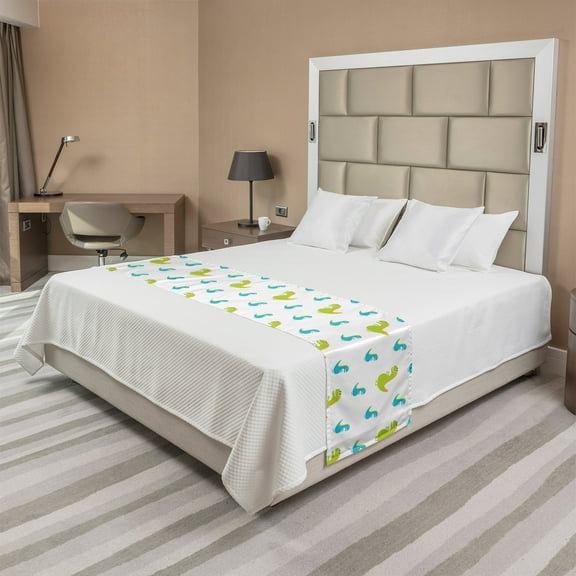 Dino Bed Runner, Dinosaur Animal Cartoon Themed Print, Decorative Accent Bedding Scarf for Hotels Homes and Guestrooms, Queen, Yellow Green Sky Blue, by Ambesonne