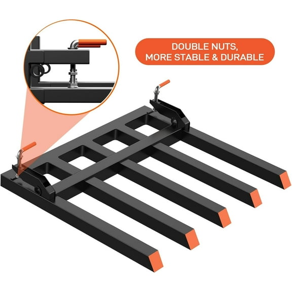 Acekid Clamp On Debris Forks, 5 Fork 2500 LBS Capacity, for 48-52Inch Bucket, Quick Attach Pallet Forks with Dual Nut System, for Skid Steer Tractor