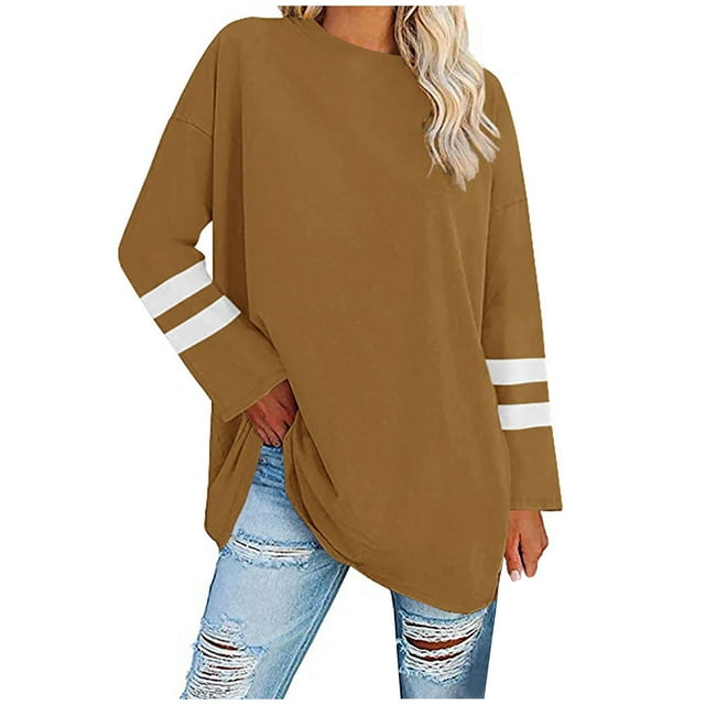 Shirts for Women Crew Neck Solid Color Long Sleeve Pullover Casual Loose Long Sweatshirt Blouse Ladies Fall Tops