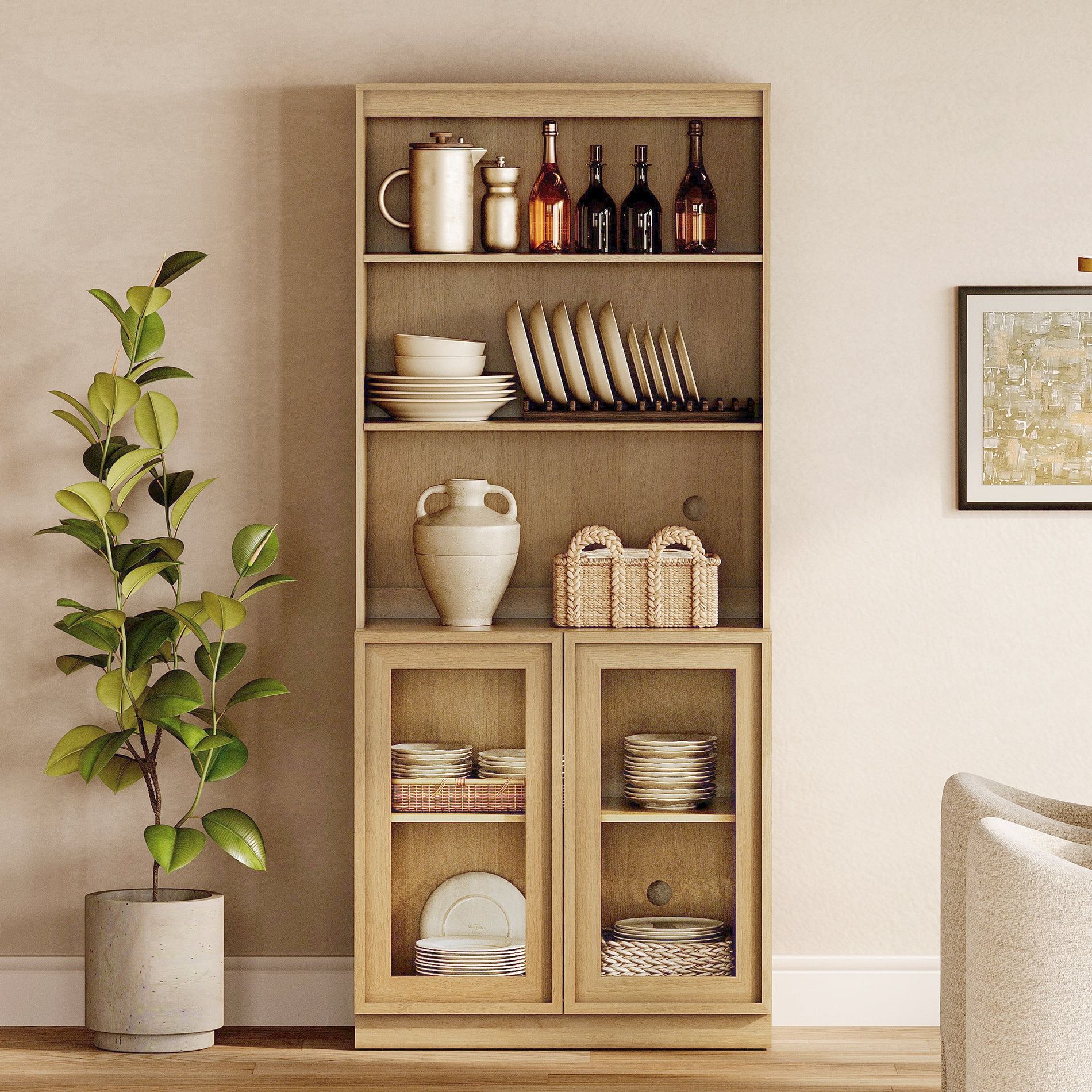 Modern 72" Tall Sideboard Buffet Cabinet, Glass Door Storage Cabinet with Adjustable Shelves, Open & Closed Layered Wood Console Cabinet for Dining Room Living Room Entryway,Oak