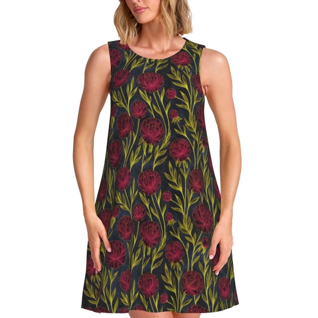 Fotbe Burgundy Peony Flowers Vestido de Verano sin Mangas para Mujer – Vestido Midi Línea A, Estilo Camiseta Floral, Vestido Playero Casual y Fluido