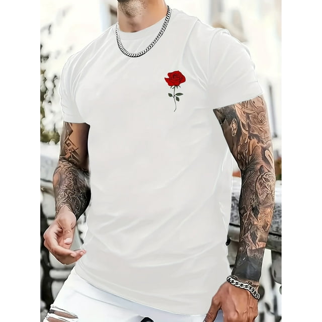 Shoulder "Rose" Pattern Printing 100% Cotton Casual Novel Men's T-shirt, Short-sleeved Summer Shirt, Comfortable Fit, Fashionable Street Style Round Neck T-shirt, Suitable For Daily And Outdoor.