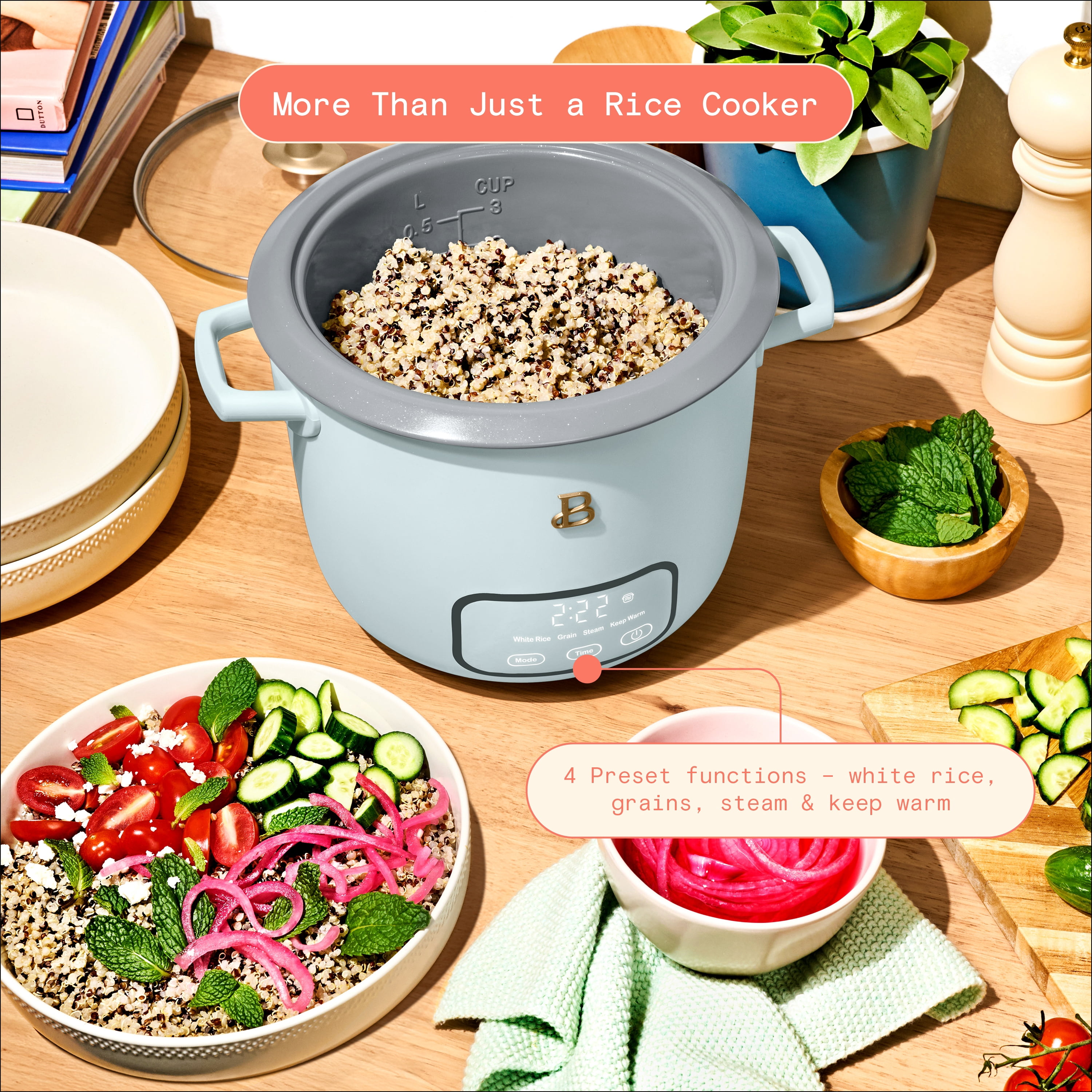 Beautiful 6-Cup Cooked, 3-Cup Uncooked Digital Electric Rice and Grain Cooker with Glass Lid, Hydrangea by Drew Barrymore