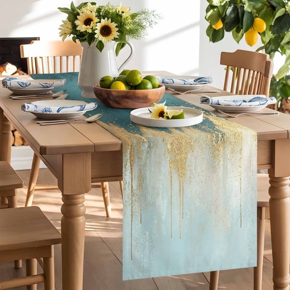 Abstract Gradient Teal Gold Table Runner, Shinny Gold Geometric Washable Kitchen Table Runners Dress Scarves for Dining Table Decorations Party/Restaurant/Indoor Outdoor Use, 13x48in