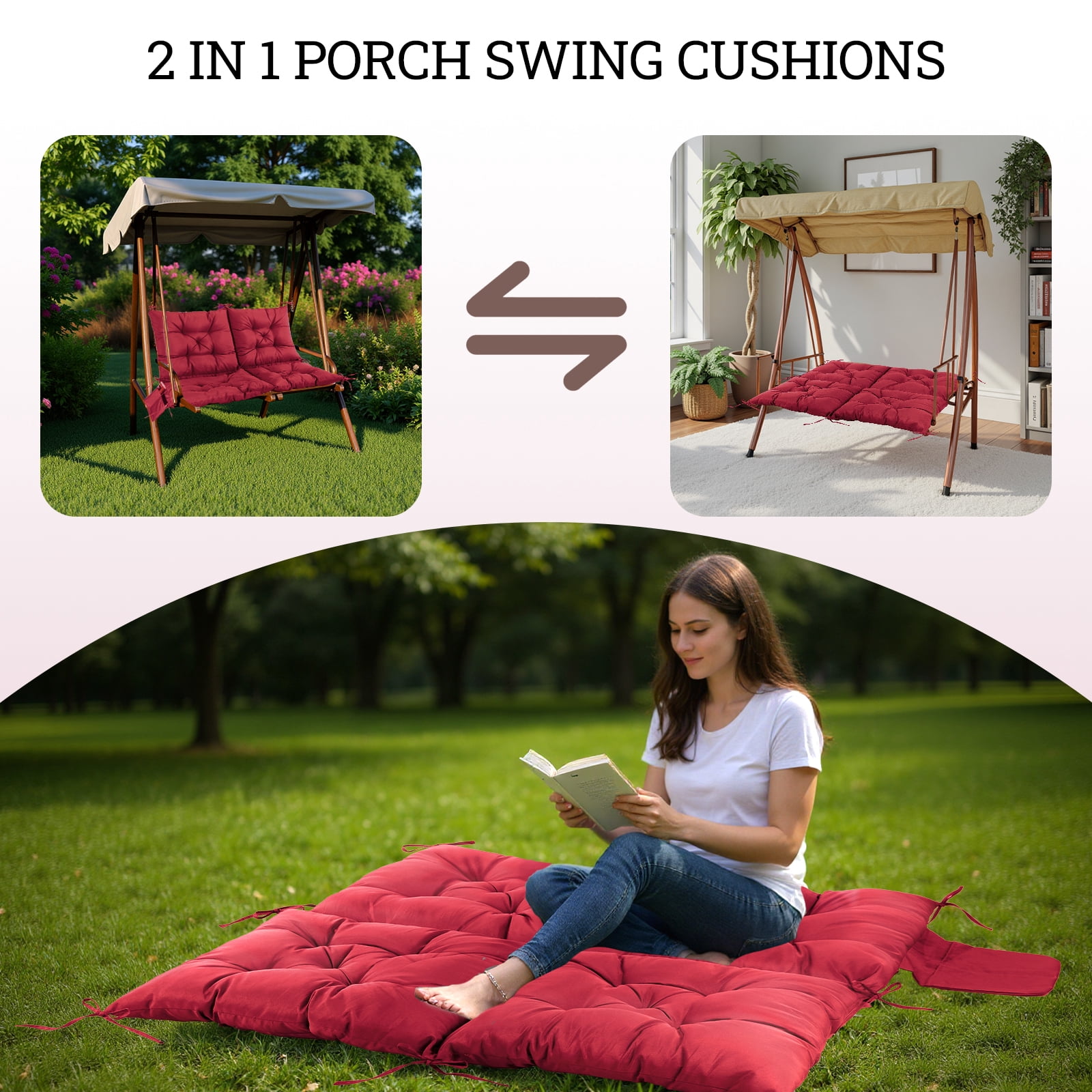 Outdoor Bench Cushion Inlife Swing Chair Cushion Waterproof Sun-Resistant with 8 Nonslip Ties, Wine Red 120cm*100cm