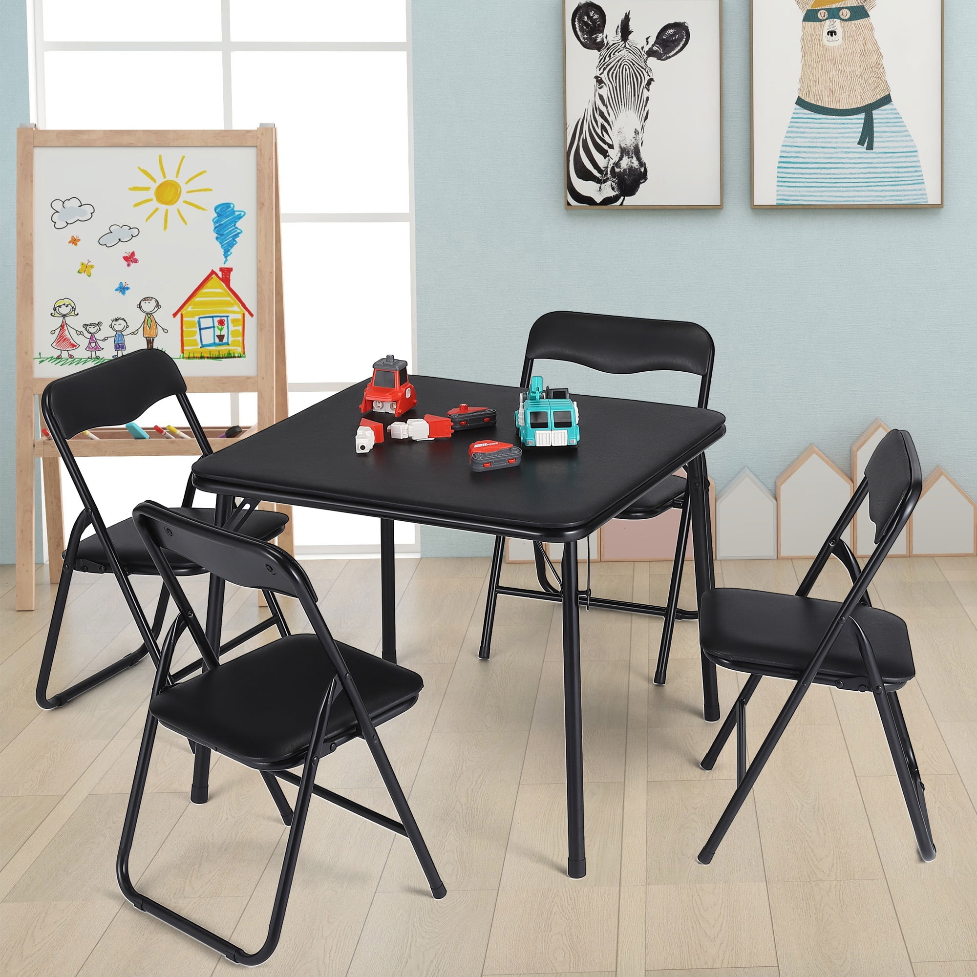 Black 5-Piece Kids Folding Table and Chair Set - Upholstered Metal Frame Activity Table Set for Eating, Reading & Playing
