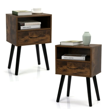 2 Piece Vintage Nightstand with Drawers and Shelves Side Table for Living Room Bedroom Side Table, Brown