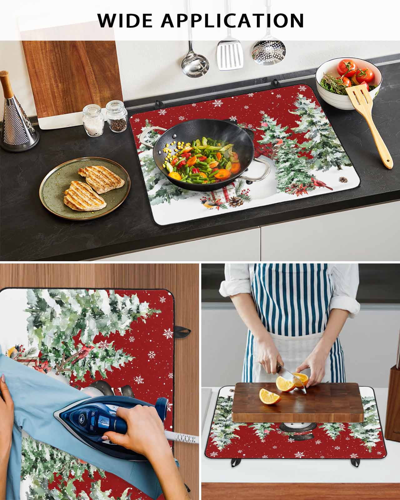 Large Induction Cooktop Protector Mat Red Christmas Stove Top Covers for Electric Stove, Xmas Snowman Trees Watercolor Snowflakes Decorative Stove Burner Cover Mats, Glass Top Stove Cover