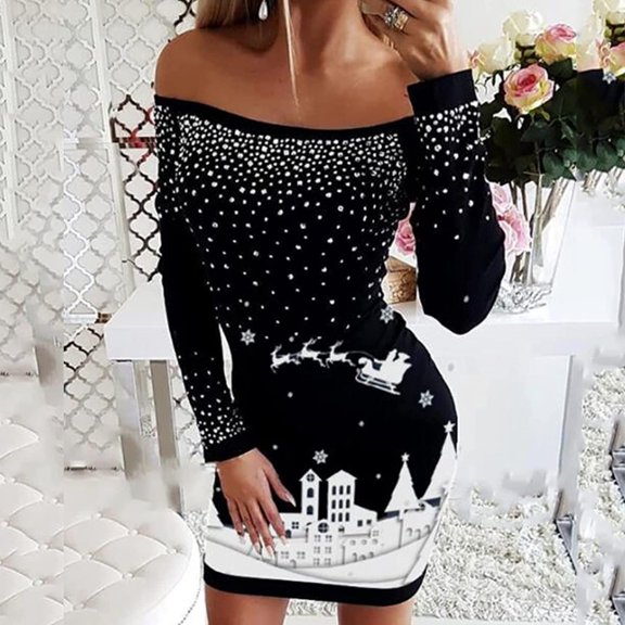 BLTIBY Christmas Sweatshirt Dress for Women 2024 Xmas Print Autumn Winter Off Shoulder Casual Soft Long Sleeve Fashion Pullover Dresses Outfit Trendy Black XXL