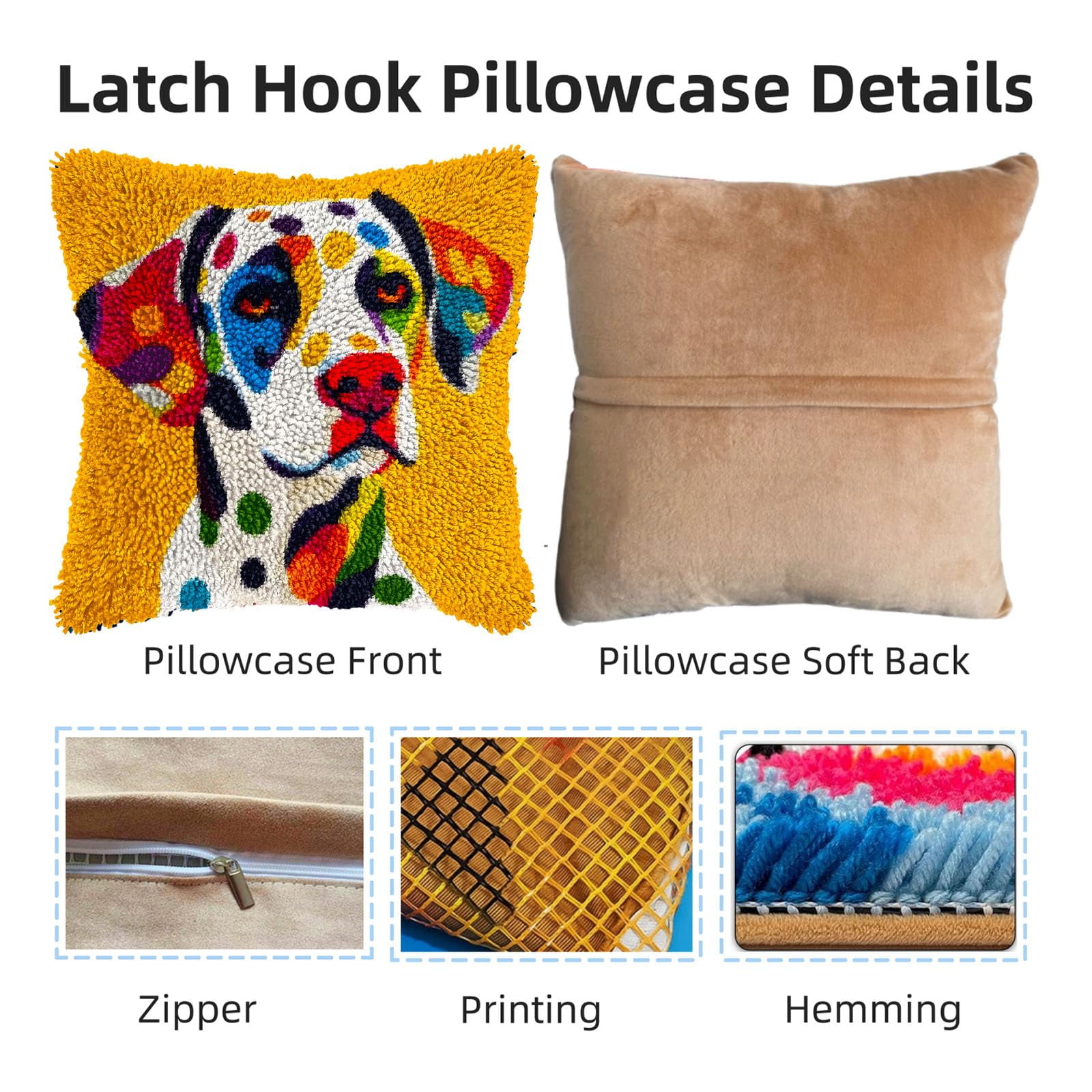 Colored Dalmatian Dog DIY Latch Hook Pillow Kits for Adults Printed Pillowcase Crochet Yarns Hooking Handmade Pillow Cover Cushion for Home Sofa Decoration 17x17inch