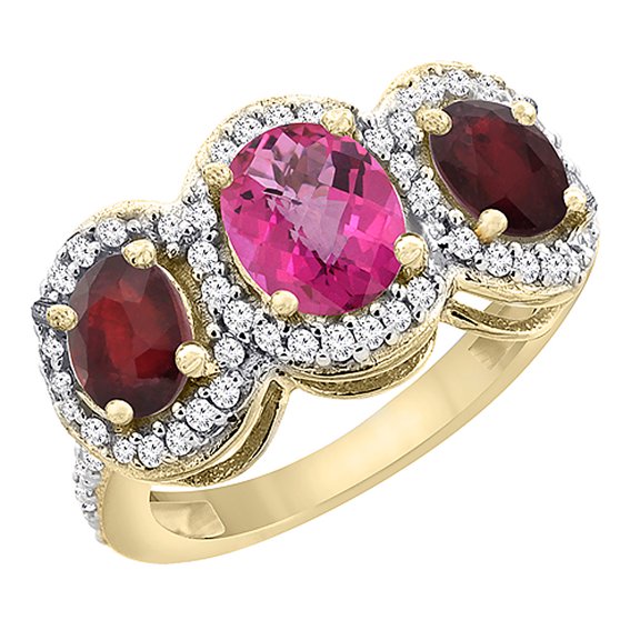 14K Yellow Gold Natural Pink Sapphire & Enhanced Ruby 3-Stone Ring Oval Diamond Accent, size 7.5
