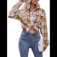 thumbnail image 2 of Camisa de Franela A Cuadros con Botones para Mujer, Chaqueta de Larga y Corta, Talla Grande. Amarillo XL, 2 of 10