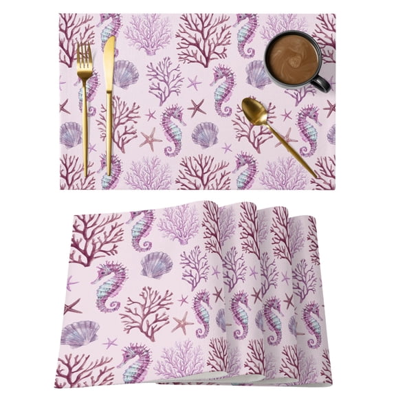 Pink Coastal Placemats Set of 6 Nautical Ocean Seahorse Coral Shell Place Mats Indoor Wipeable Table Mats Washable Cloth Dining Table Placemats for Kitchen Holiday Party Home Decor 13x19 Inch