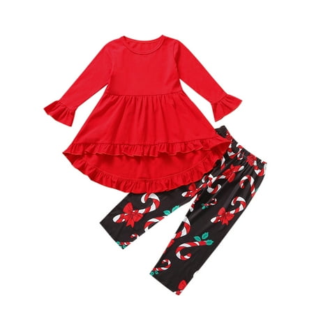 

Yinyinxull Kids Baby Girls Christmas Clothes Sets Long Sleeve Ruffle Dress Tops Print Pants Outfits Red Wand 1-2 Years