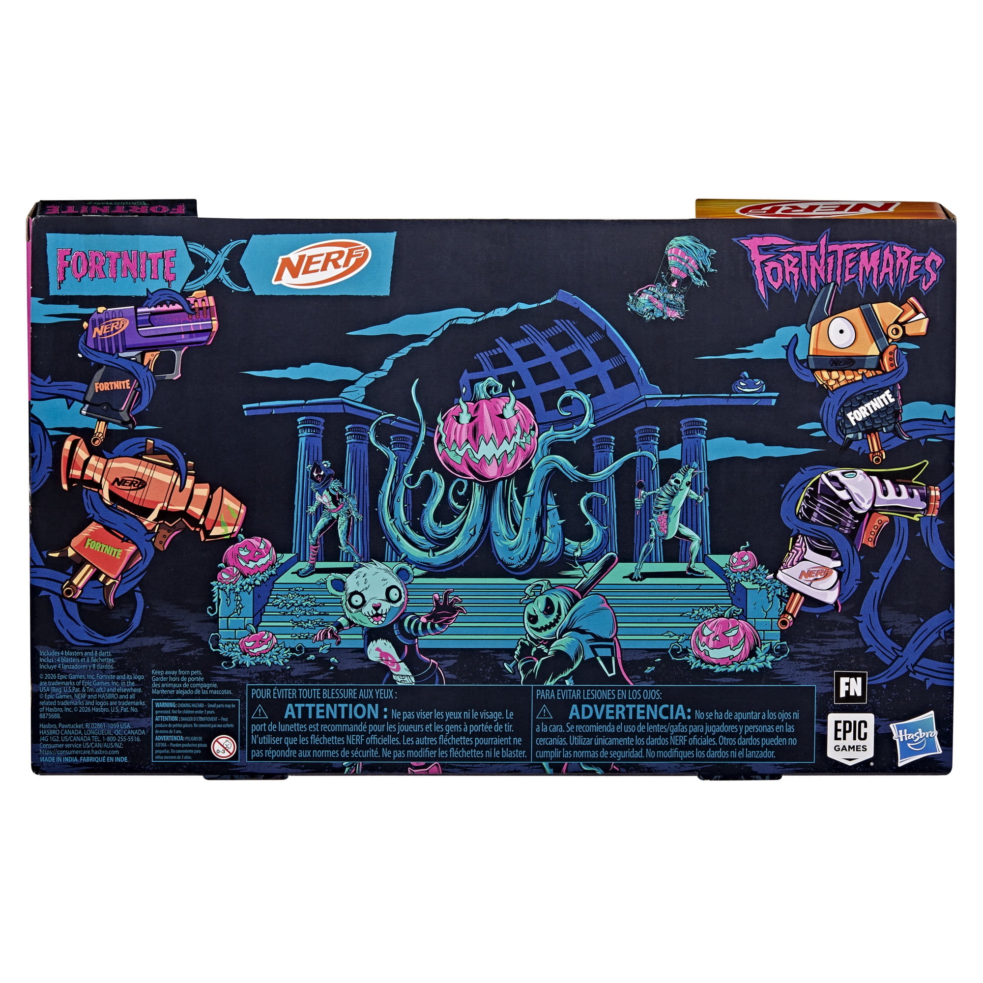 Nerf Fortnite Fortnitemares 4-Blaster Pack with 8 Nerf Elite Foam Darts, Outdoor Toys for Kids Ages 8+