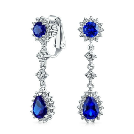 Cubic Zirconia Linear Teardrop Earring (Teardrop CZ Crown Clip On Dangle Chandelier Earring Cubic Zirconia Rhodium Plated Brass (More Colors)