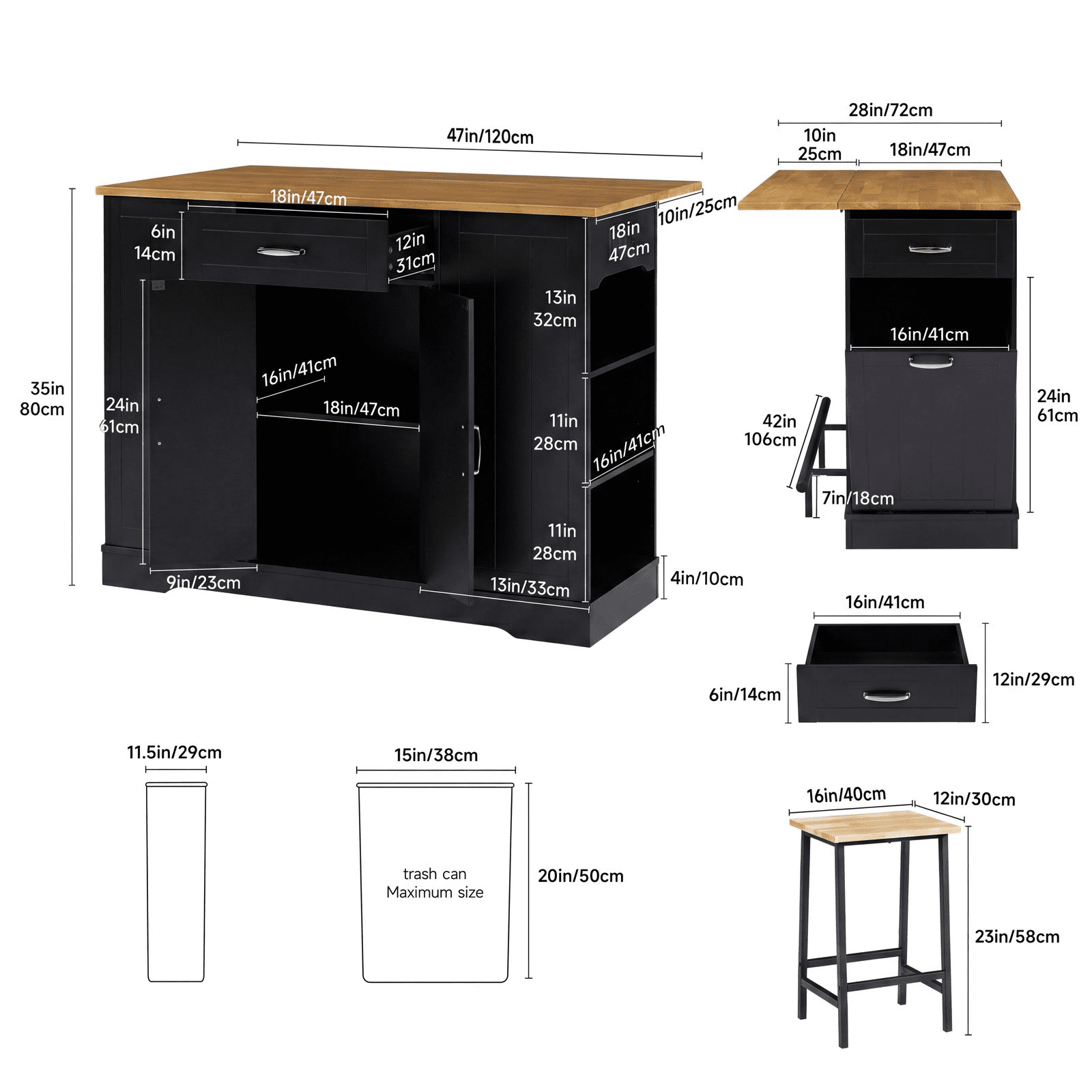 ROGALIS 47"Kitchen Island with 2 Chair, Stationary Island Table with Power Outlet, USB Ports, Spice Rack, Trash Cabinet, and Foldable Drop Leaf for Home Bar or Dining Room,Black