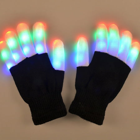 Fashion Cool LED Rave Flashing Gloves Glow 7 Mode Light Up Finger Lighting Black