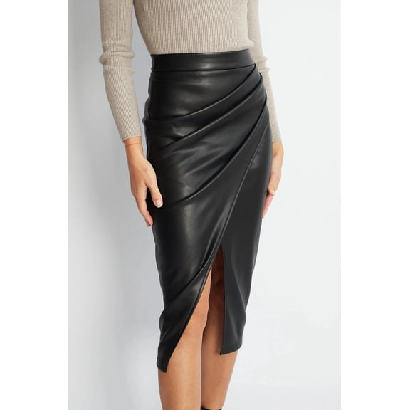 Women's Faux Leather Midi Pencil Skirt, High Waist Ruched Wrap Slit Skirt, Elegant Bodycon Skirt for Office Party