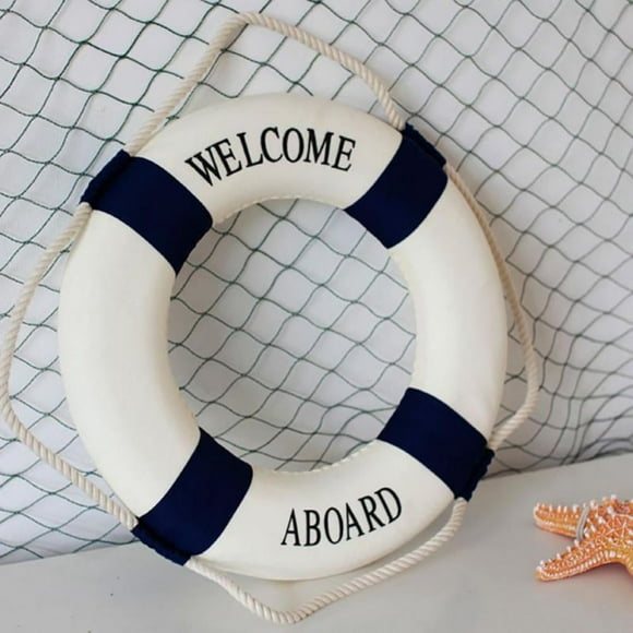 WELCOME ABOARD Swimming Lifeguard Life Preserver Life Buoy Navy Mediterranean Style Beach Wall Decor