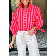Stylish Striped Women's Shift Blouse – Button Down Shirt with Knot Detail, Versatile Summer Top for Professionals, M