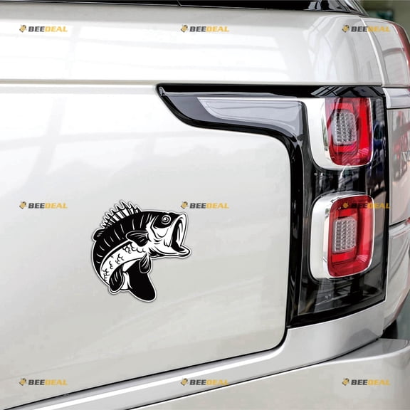 Bass Fish Fishing Black Car Magnet Sticker Magnetic Decal White Background - 2 Pack Reflective 4" 5" - for Truck Door Fridge Reusable Waterproof