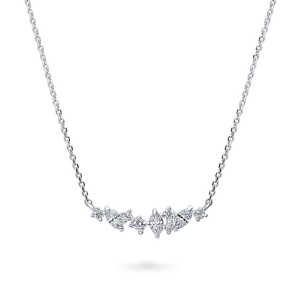 BERRICLE Sterling Silver Cluster Cubic Zirconia CZ Bar Pendant Necklace for Women, Rhodium Plated 16 inch