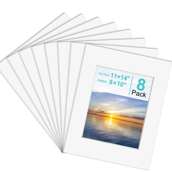 8 pack acid free picture mats 11x14 outer 8x10 inner, white bevel cut mats for frames, photos, artwork, watercolor prints, writable surface