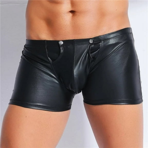 Men Shiny Leather Boxer, Sexy Open Crotch, Soft Matte Leather, Shaping Short Pants