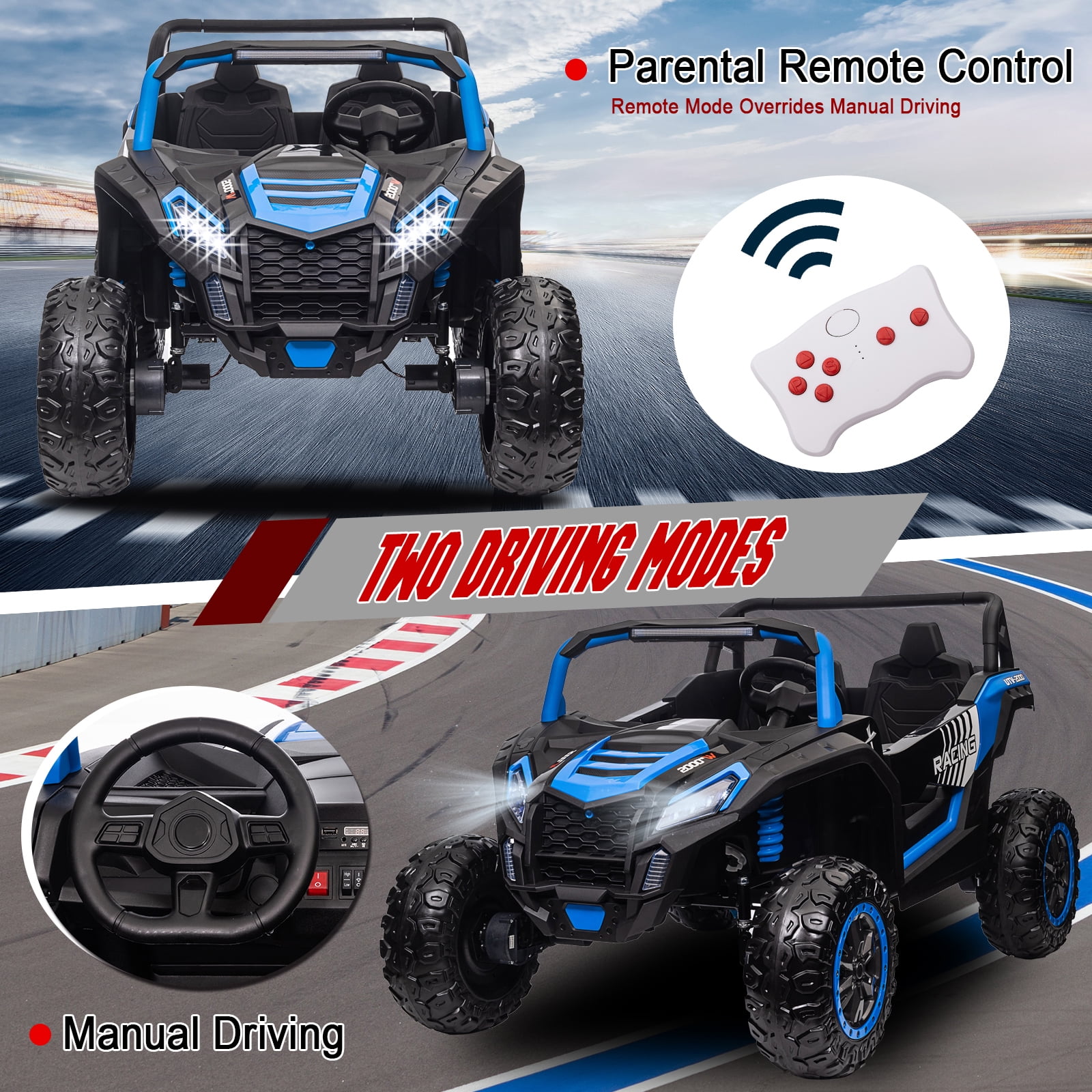 LUIBAS 24V 4WD 2-Seater Battery Powered Ride On Car XXXL Ride On Toys for Big Kids Electric UTV Off-Road Truck Vehicles with Remote Control, EVA Rubber Tires, Bluetooth for Kids 3-12 Year, Blue