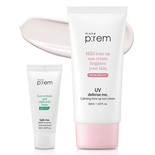 MAKEPREM UVA UVB Defense Me Calamine Crema solar calmante SPF 50+ PA++++ 1.69 Fl Oz Bloqueador solar mineral coreano VEGAN Protector solar para arrecifes Suave No irritante Piel sensible propensa al