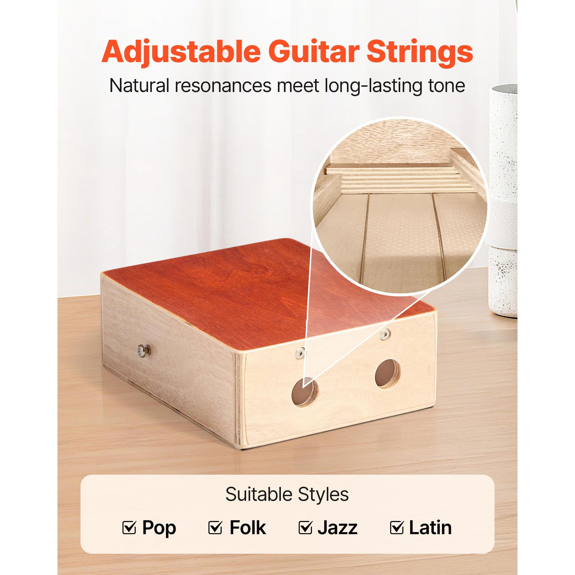 KFFKFF Cajon Box Drum with Internal Guitar Strings, Compact Wooden Percussion Instrument, Portable Birch Wood Drum with Travel Bag and Adjustable Strap, Ideal for Beginners and Professionals
