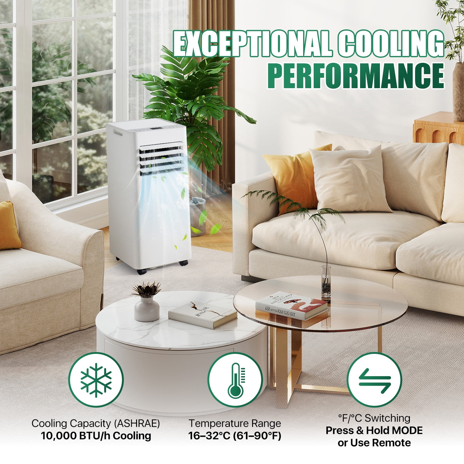 BaPiPro 10000 BTU Portable Air Conditioner with Heat Function, White, for Living Room and Bedroom