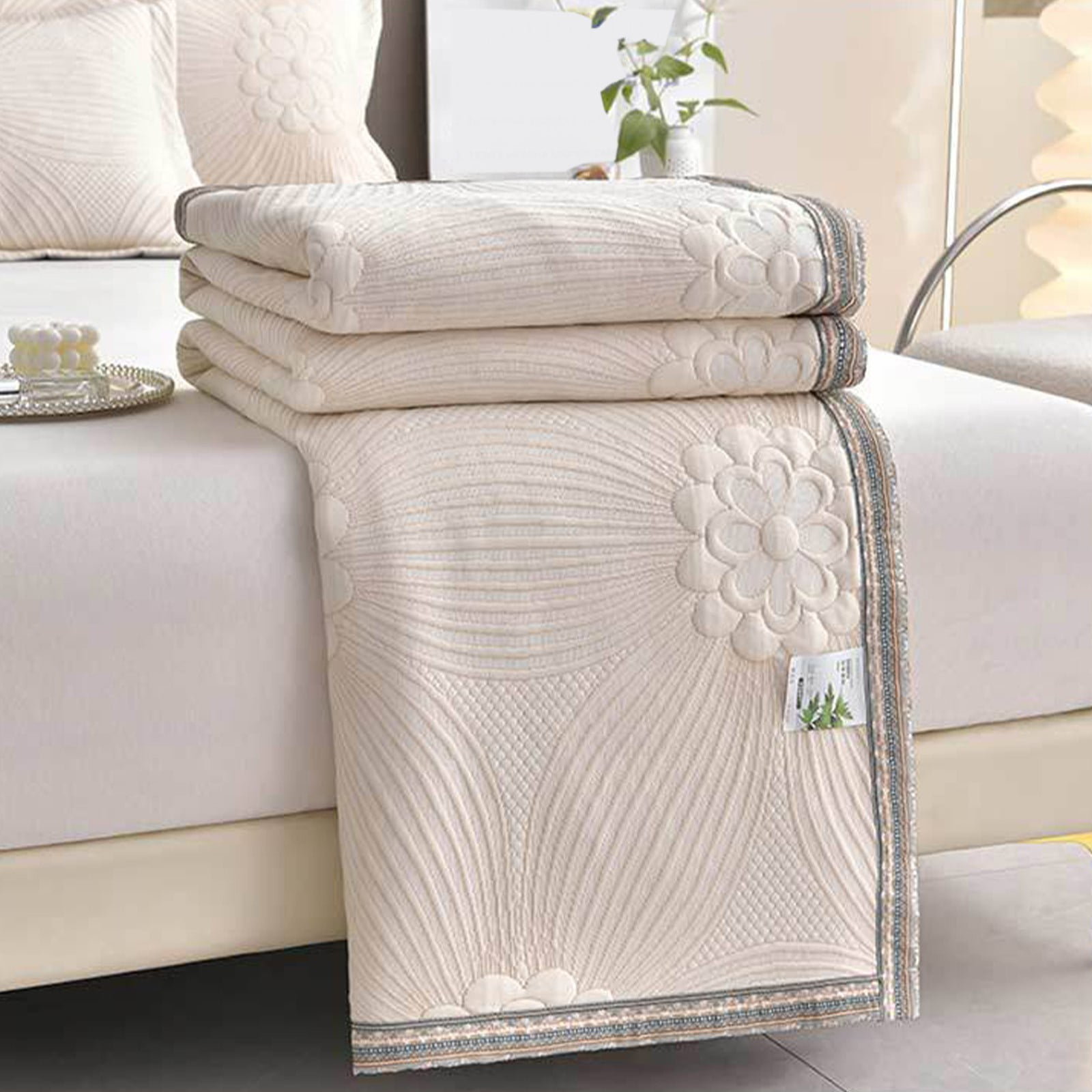 Taicans Stone-Washed Bedspreads Ultra-Soft Microfiber Modern Style Quilted Flower Pattern Bedspread Quit,Summer Quilt Lightweight Microfiber Bedspread Queen Size 87"x71" Beige