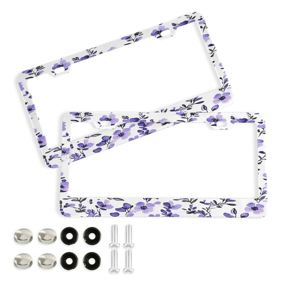 2 Pack Aluminum Alloy License Plate Frame Universal Car License Plate Cover with 2 Holes with Free Screws Purple Flowers Pattern