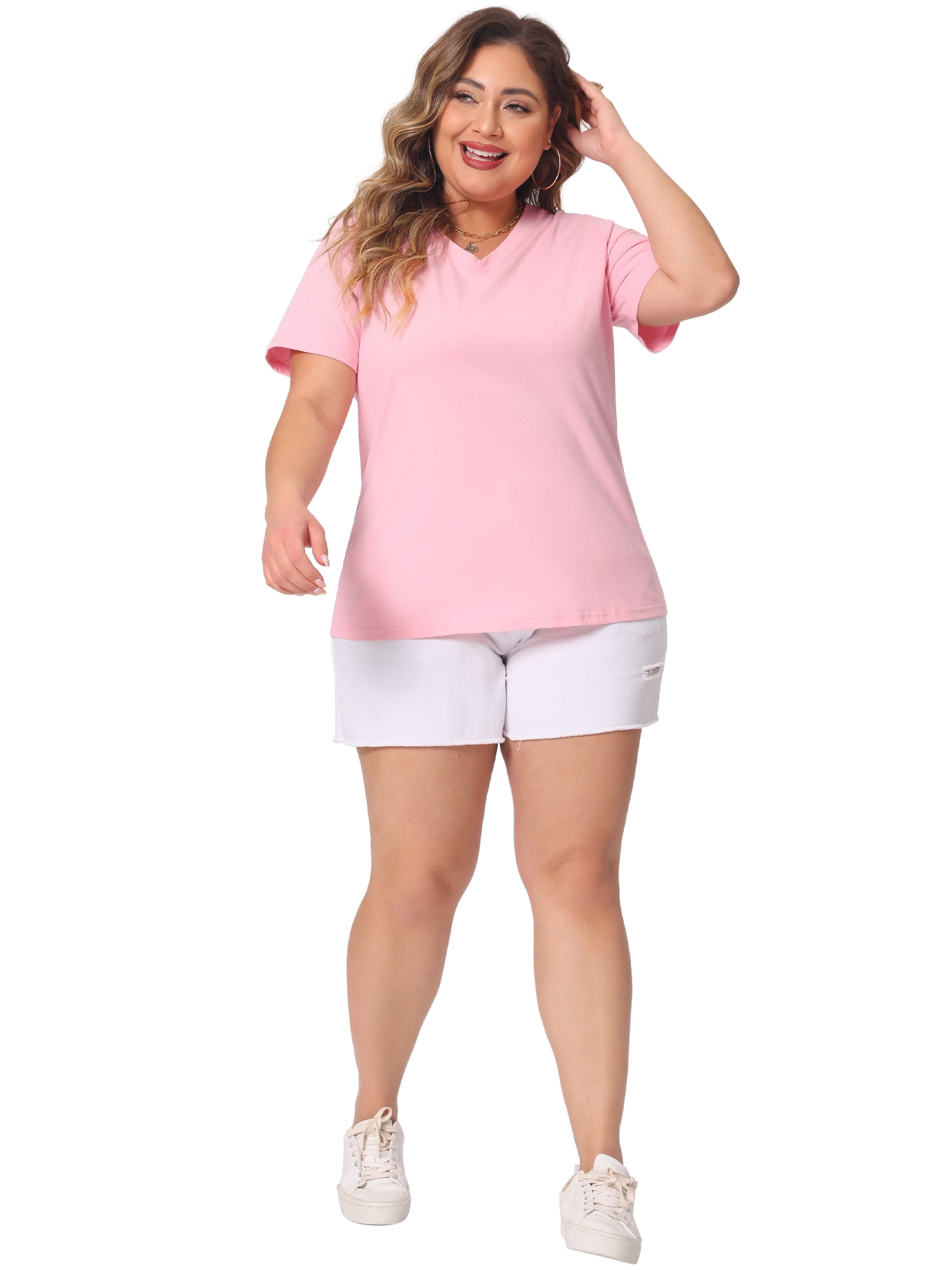 DARING DIVA Women's Plus Basic V Neck Short Sleeve Casual Tops T Shirts 2X Pink